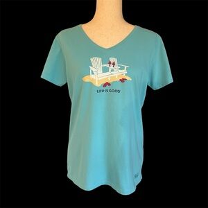 Life Is Good Women Tee Shirt Medium M Adirondack Chairs Beach Scene Blue V Neck